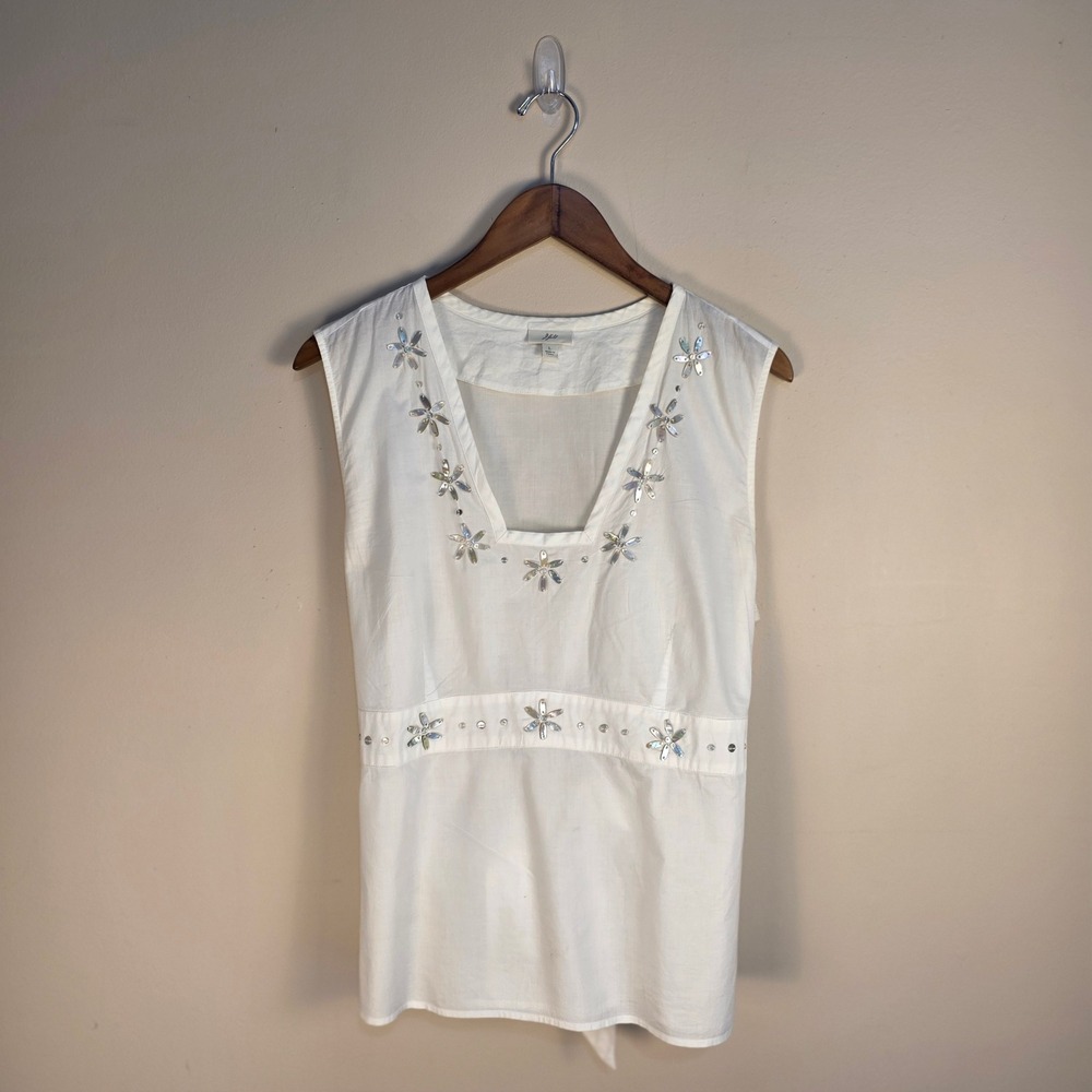 J.Jill Tank Top Women Large White Embroidered Shell Floral Cotton Tie Back